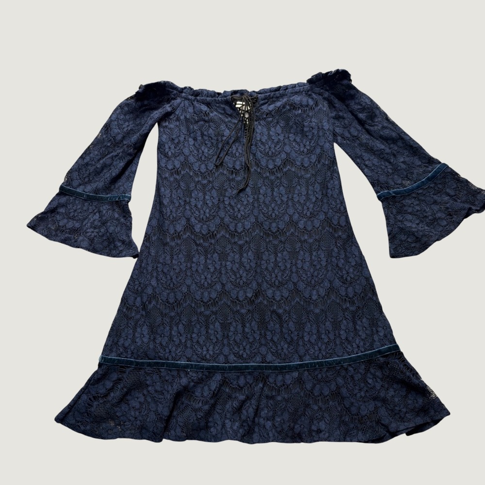 Foxiedox Lace Mini Dress Small Bell Sleeve Off Shoulder Velvet Trim Navy Blue